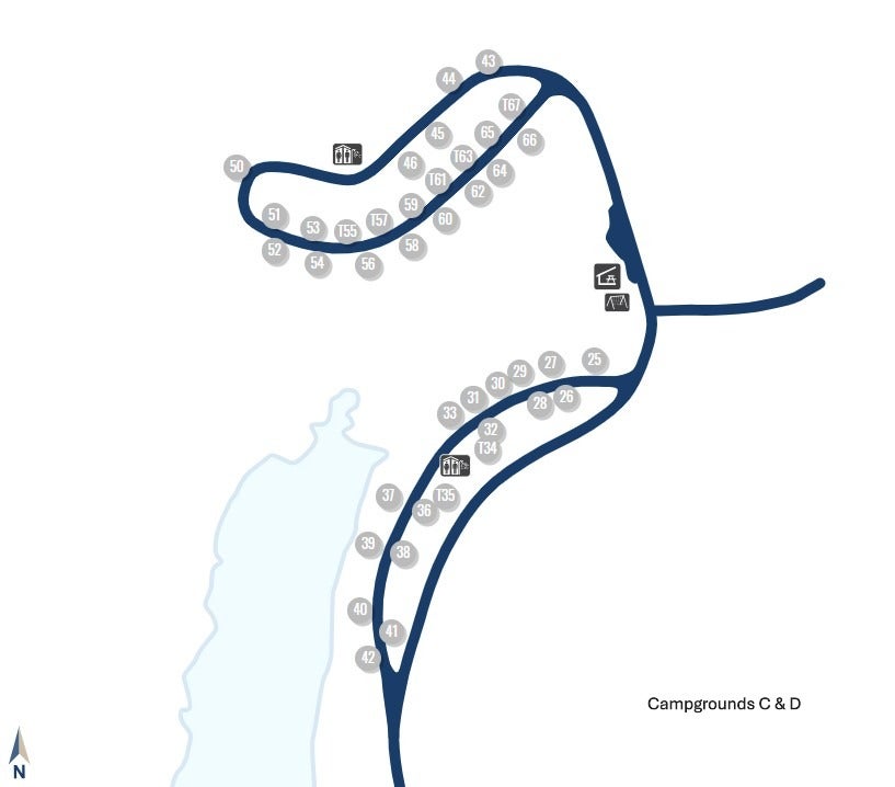 A map labeled “Campgrounds C & D” showing two connected loop roads. The upper loop contains campsites numbered 43 through 60, arranged along the outer edges. Two restroom icons appear within this upper area. The lower loop features campsites numbered 25 through 42, also arranged along the outer curves, with another restroom icon located inside the loop. A dump station icon is shown near the entrance to the lower loop. Water appears to the left side of the lower area, and a small north arrow is placed at the bottom left corner.