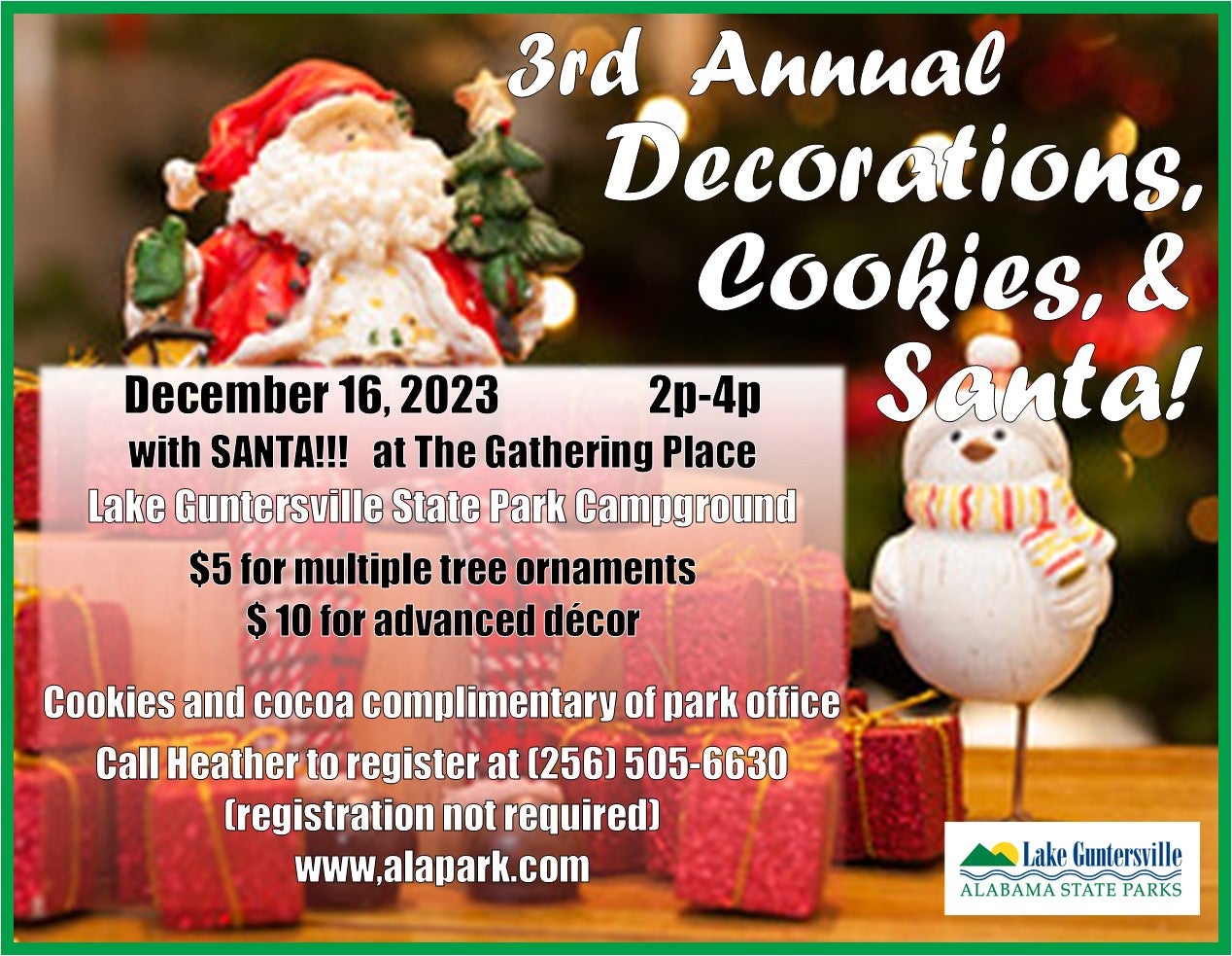 Lake Guntersville State Park Decorations, Cookies and Santa