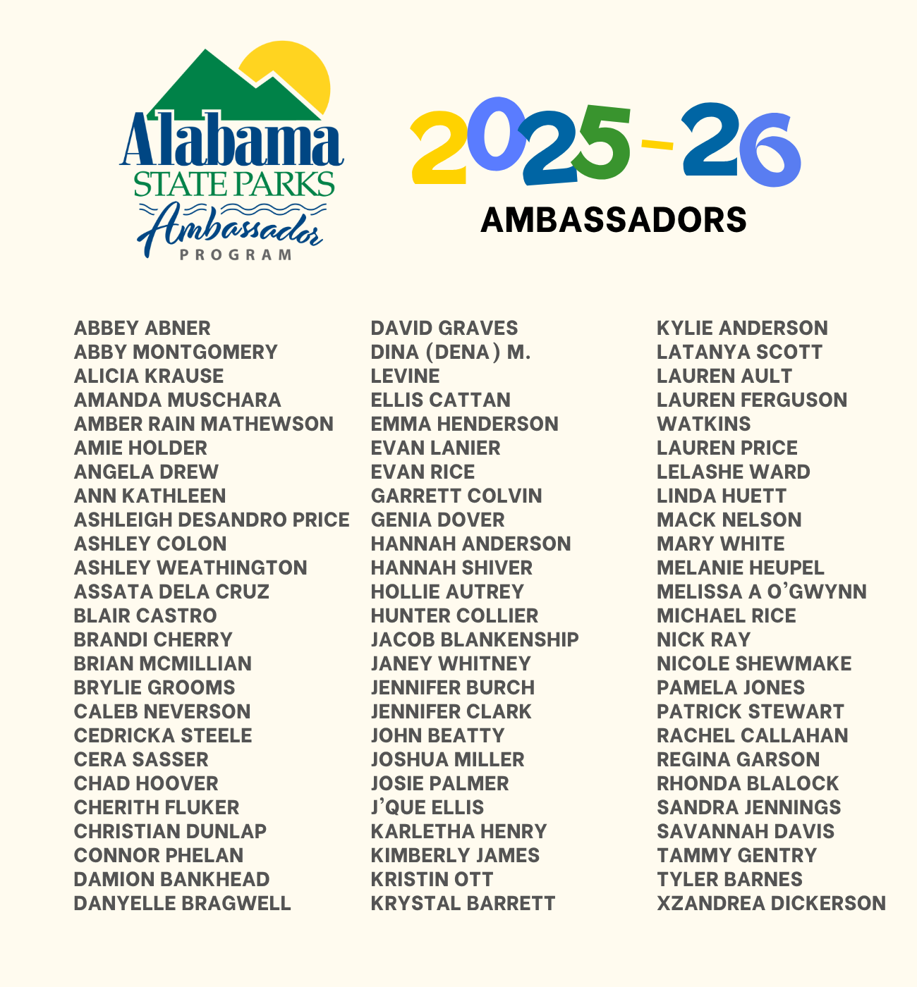 Names of 2025-2026 Alabama State Parks Ambassadors.
