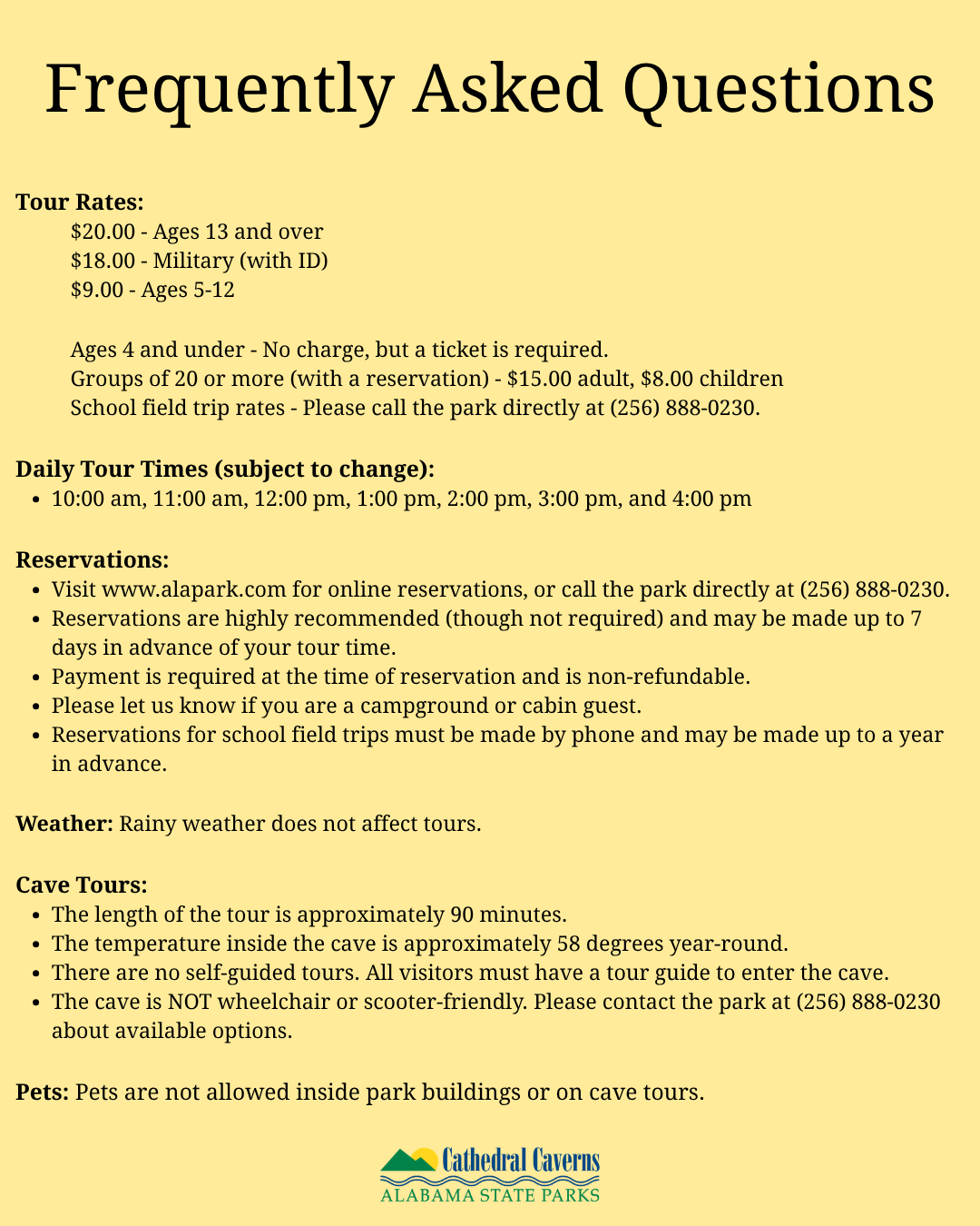FAQ flyer for Cathedral Caverns State Park listing tour rates, daily tour times, reservation information, weather details, cave tour guidelines, and pet rules on a yellow background. The Cathedral Caverns Alabama State Parks logo appears at the bottom.”