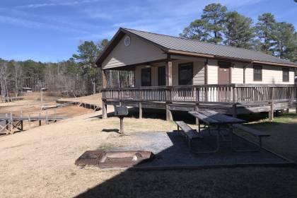 lakeside view of cabin porch