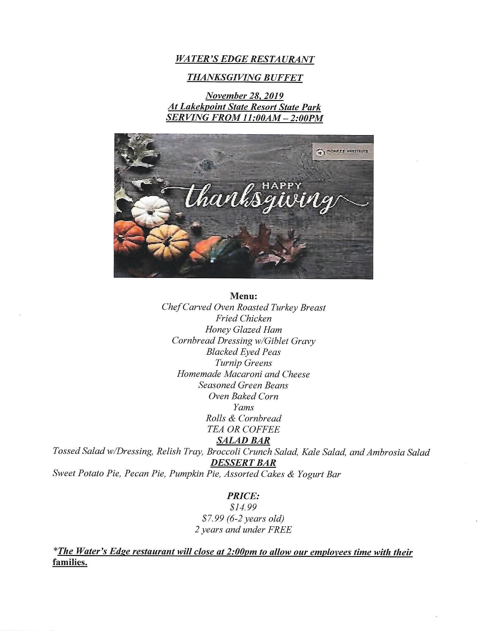 Lakepoint Thanksgivng Menu 2019