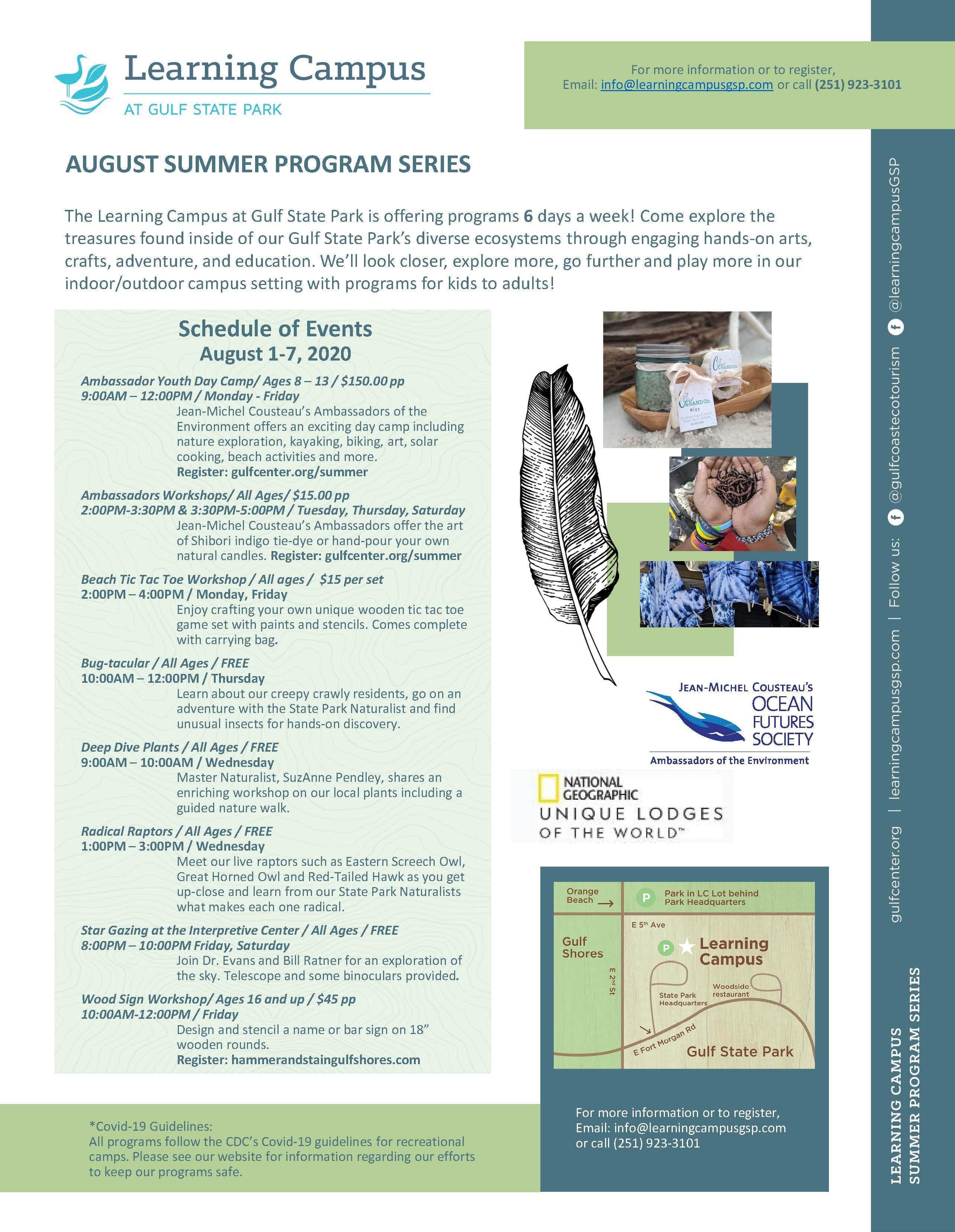 Flyer of programs with image of feather and photos of candles, hands holding worms, and map of area