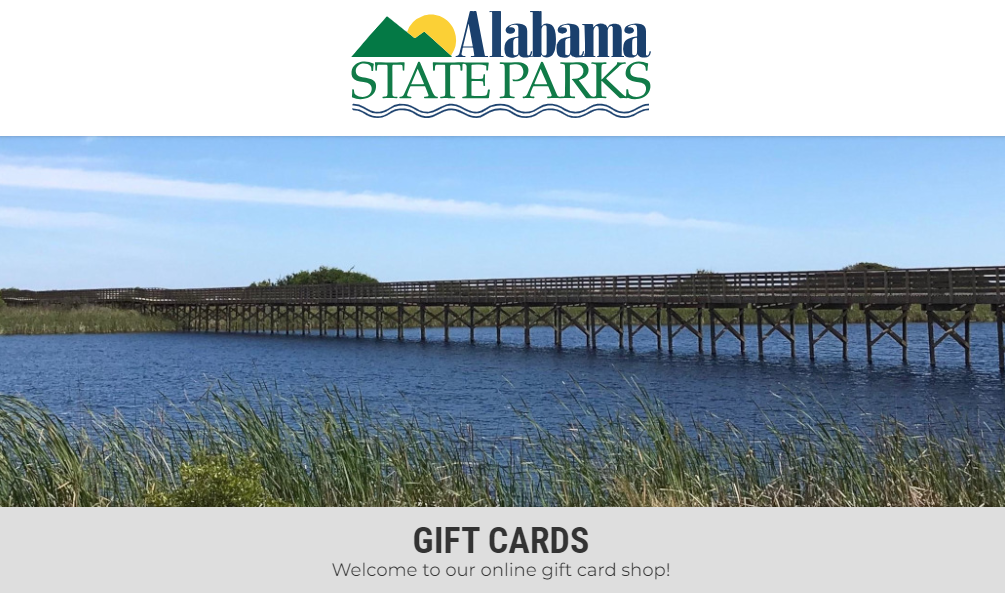 Lake and Pier at an Alabama State Park with information on gift cards in the text copy below
