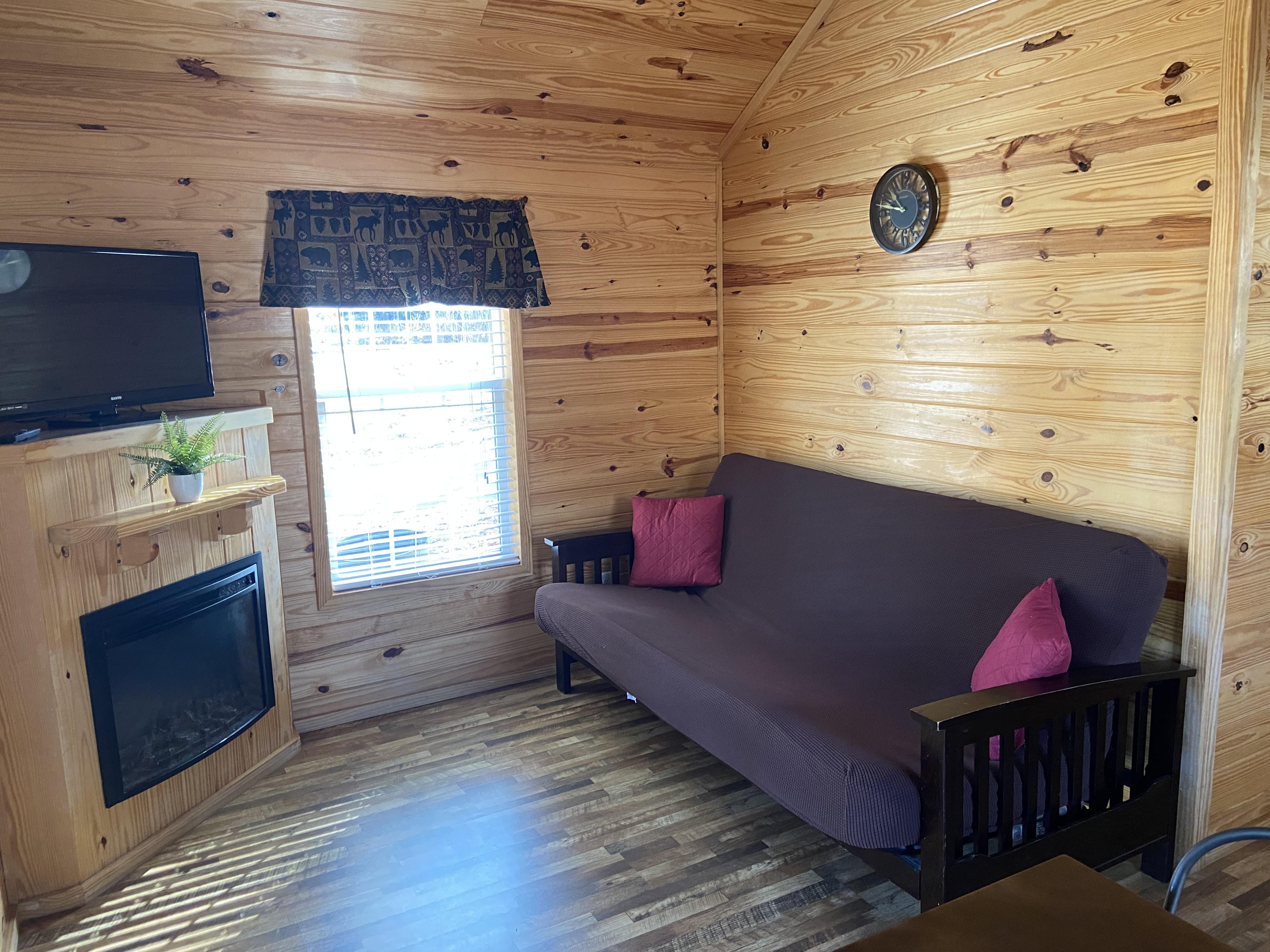 Living area with wooden walls, a tv and fireplace, and a window.