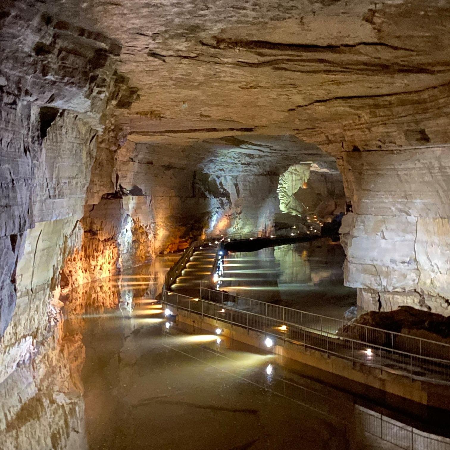Lighted walkway inside a cave at Cathedral Caverns State Park