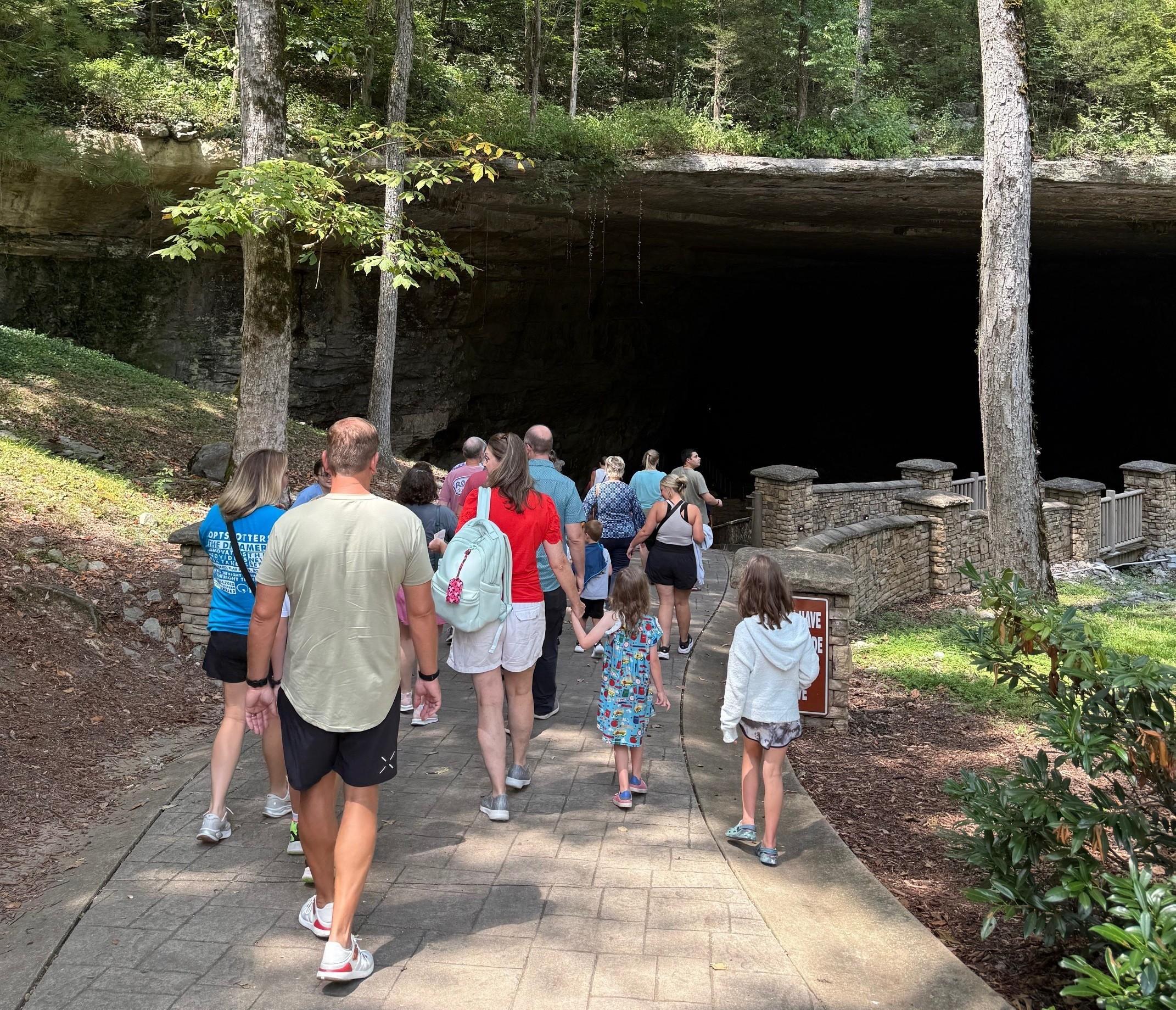 Group walking into the cave entrance at Cathedral Caverns State Park