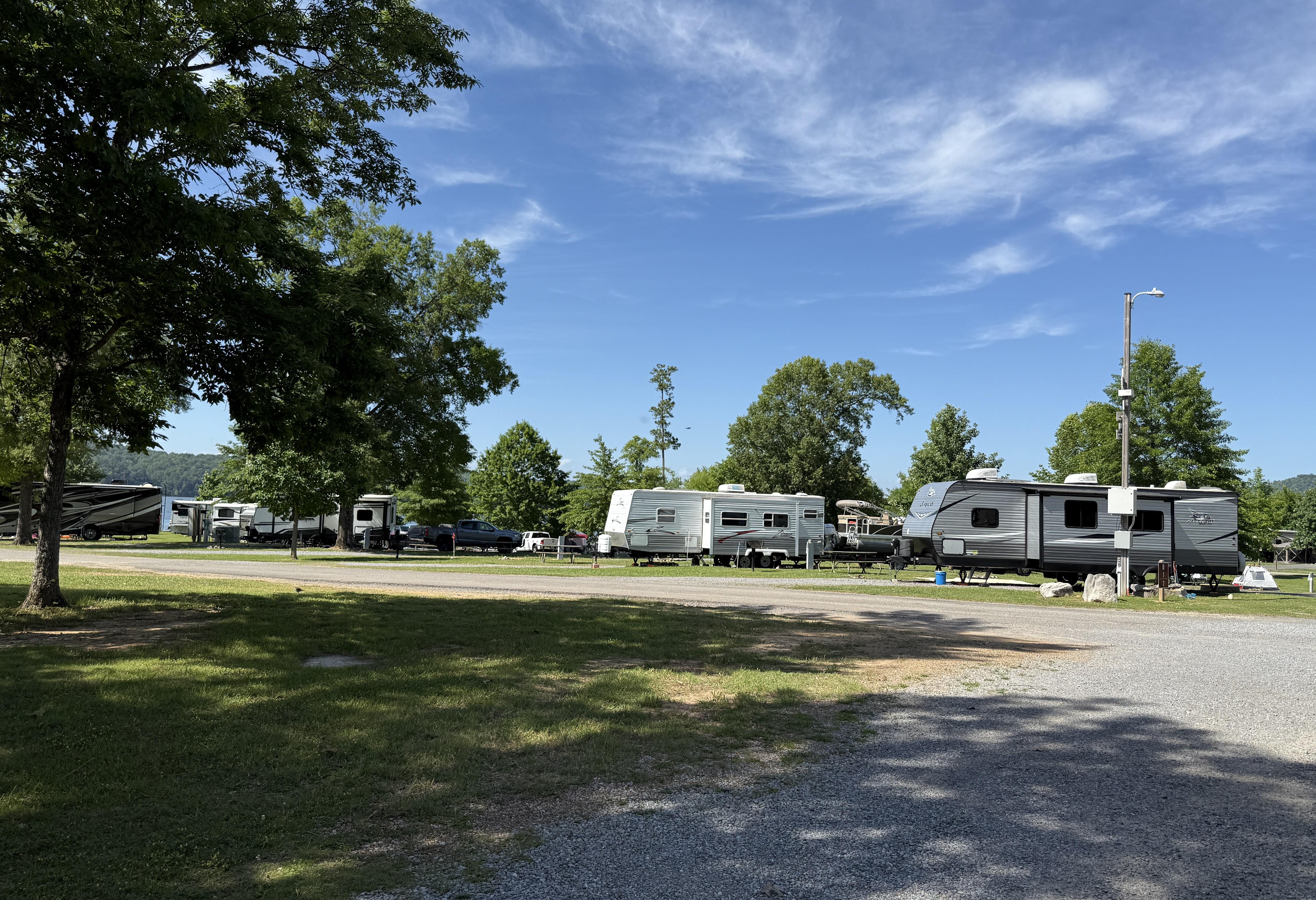 White RVs lined up in campsites at Lake Guntersville State Park.