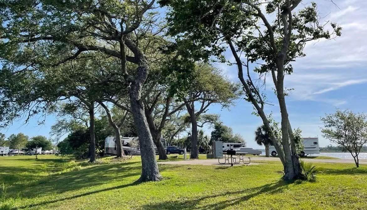 A grassy, tree‑shaded area in an RV park with several RVs parked on paved pads in the background. A picnic table and grill sit near the water, and the sky is clear with scattered clouds.