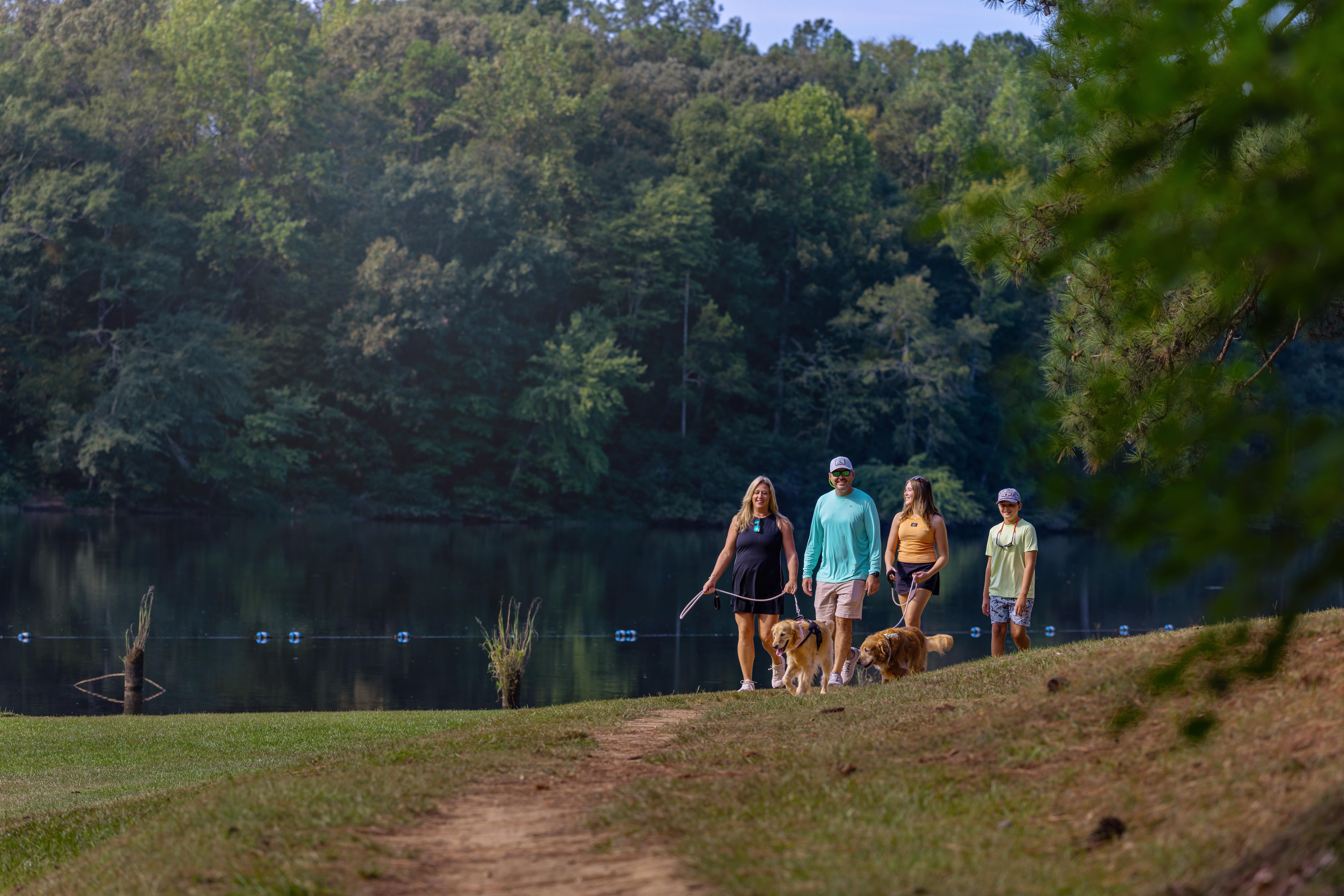 A group of people walk along a dirt path beside a calm lake, with dense forest in the background. Two dogs are walking with the group on leashes. The grassy area slopes gently toward the water, and the scene is shaded by nearby trees.